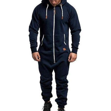 Menn Onesie Hoodie Zip Jumpsuit Winter Casual Hette Romper Playsuit Navy Blue XL