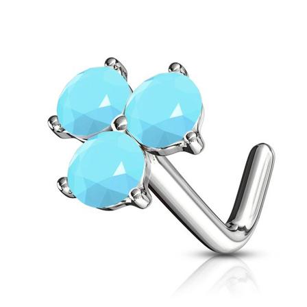 1 L-formet nesepiercing i 316L platinabelagt stål med 3 turkiser