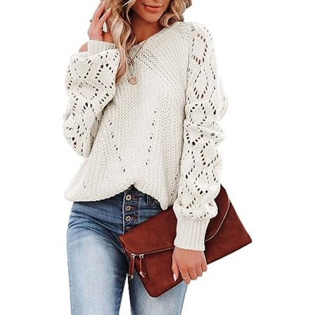 Kvinders Casual Langærmet Crewneck Hæklet Sweater Letvægts Strik Pullover Sweaters Top XL