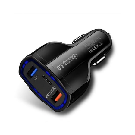 Biloplader Quick Charge PD med USB-C & 2x USB-stik Sort