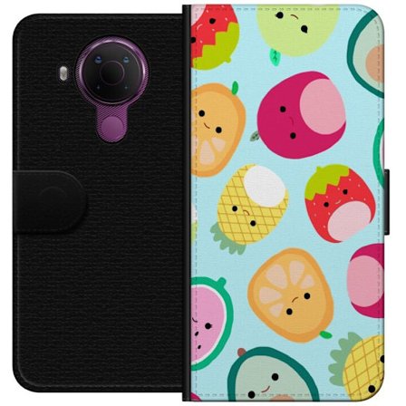 Kompatibel Tegnebogsetui til Nokia 5.4 Mønster af kawaii frugter som jordbær citron ananas og avocado på lyseblå baggrund
