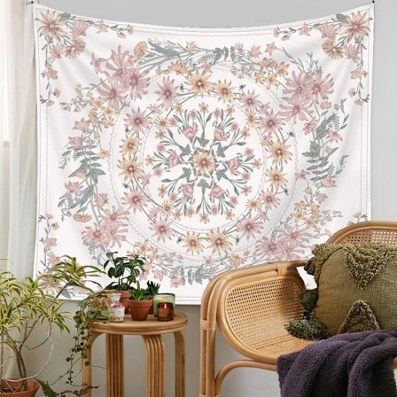 Beige Bohemian Väggbonad Mandala Blommedaljong - Hippie Tapestry med Vit Krona Estetisk Psykedelisk Hippie Väggdekor 150 x 130 cm