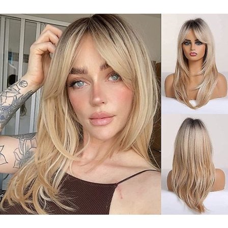 Lång peruk med lugg, naturlig vågig lång peruk, värmetålig, svartbrun, 18 tum