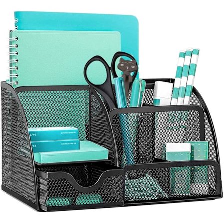 Mesh Skrivebordsorganisator, Multifunktionel Skrivebordsoprydning & Penholder med 6 opbevaringsrum og 1 skuffe, Stationær Organizer til Skole, Hjem, 
