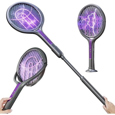 Elektrisk flueklapper, roterende hode, 2-i-1 oppladbar elektrisk flueklapper, BugZapper, insektsfanger, fluefelle, FlyZapper-racket med teleskop