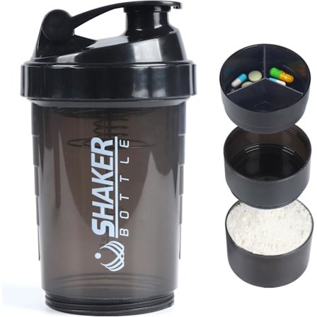 Protein Shaker Flaske, Lækagesikker Sports Vandflaske til Protein Mixer - Skridsikker 3-lags, 473 ml Shake Kop med Pilleæske (Sort)
