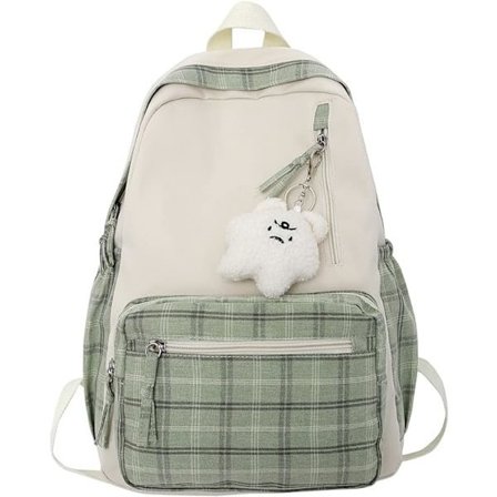 Kawaii Ryggsäck med Hänge Söt Ryggsäck Rutig Estetisk Ryggsäck Skolväska för Tjejer Tonåringar Tillbaka till Skolan Ryggsäckar (A)