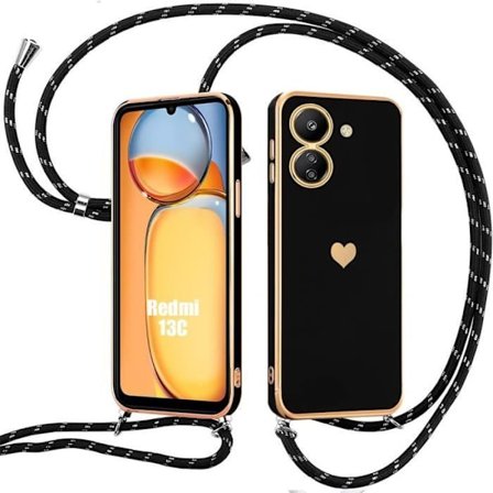 Etui til Xiaomi Redmi 13C - Sort - Hjerte Mønster - Justerbar Snor - Stødresistent Beskyttelse