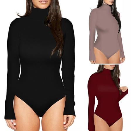 Høst og vinter kvinners fargede leotard langermet turtleneck bodycon slim høy hals jumpsuit