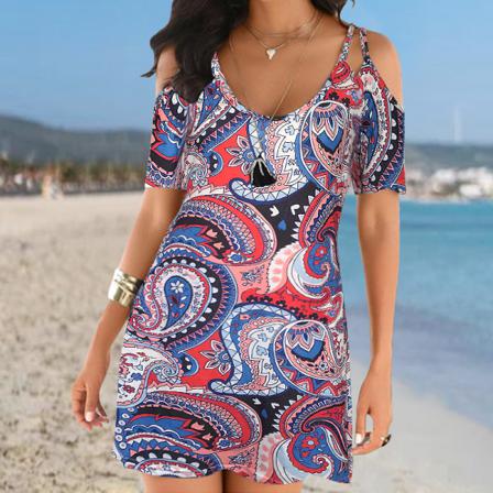 Bohemia Print Kortärmad V-hals Camisole Knälång Mini Dr