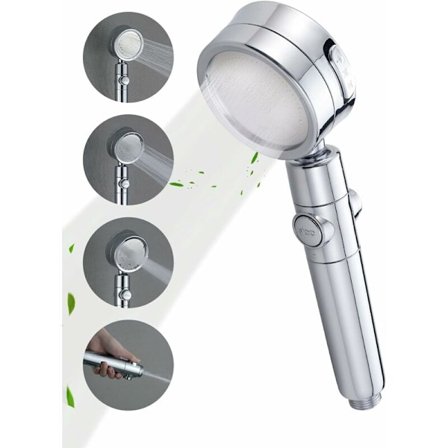 Brusehoved med aktivt kulfilter, 360° drejeligt brusehoved, vandbesparende og trykforøgende brusehoved, 3-stråle
