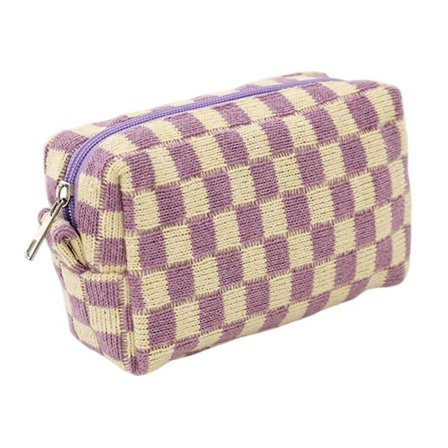 Enkel Rutete Strikket Kosmetikkveske for Kvinner, Stor Kapasitet, Organizer, Penal Gul Lilla