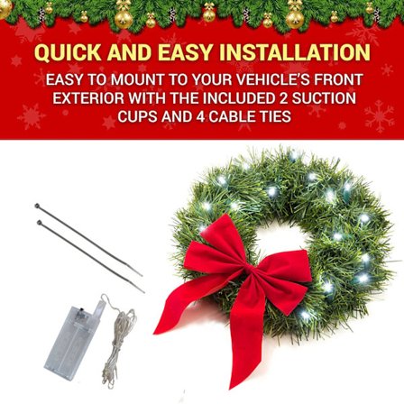 Julekrans til bil, lastebil, SUV med LED-lys, dekorasjon til grill, pynt til jul, vinterferie
