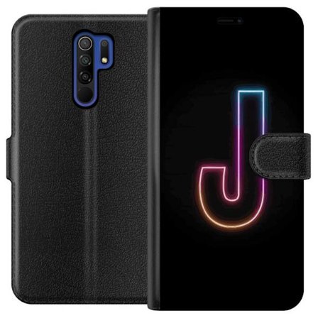 Kompatibelt Lommeboketui til Xiaomi Xiaomi Redmi 9 Minimalistisk neonbokstav J i fargeskiftende lys mot svart bakgrunn