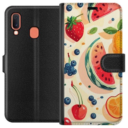 Kompatibel Tegnebogsetui til Samsung Galaxy A20e Legesyg frugtillustration med vandmelon, citrus, jordbær, kirsebær og bær