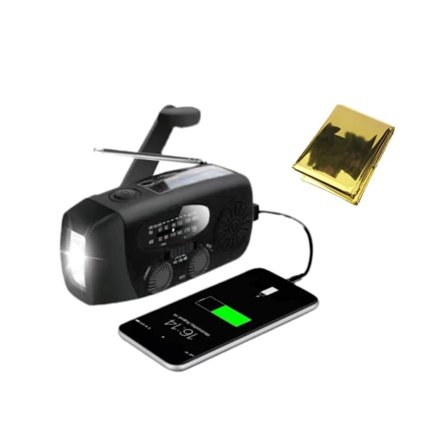 Vevradio med Överlevnadsfilt Nödfilt & Solcellsladdare / Nödradio & Powerbank Black Endast vevradio
