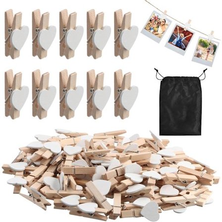 100 stk. mini klesklyper i tre 3,5 cm, hvit fotoklips i tre, dekorasjon med svart snorpose, til bryllup, jul, Valentinsdag, håndverk