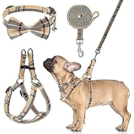 Hunde sele med snor og butterfly krave sæt - Beige ternet hvalp sele, flugtsikker justerbar N