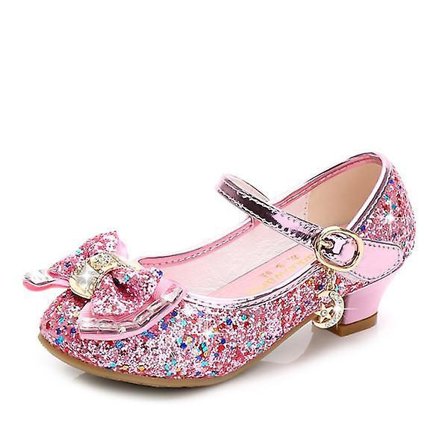 Bow Girls Pu Läderskor Princess High Heels Bröllopsskor pink 35