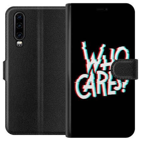 Yhteensopiva Lompakkokotelo Huawei P30 Glitch typografia, jossa teksti "who cares" on punaisella ja syaanilla mustalla minimalistisella taustalla.