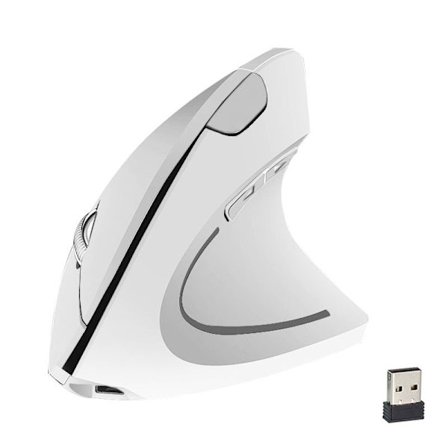 Wireless Vertical Mouse, Ergonomic, with USB Receiver, 6 Buttons, 800/1200/1600 Adjustable DPI, Right Handed, White
