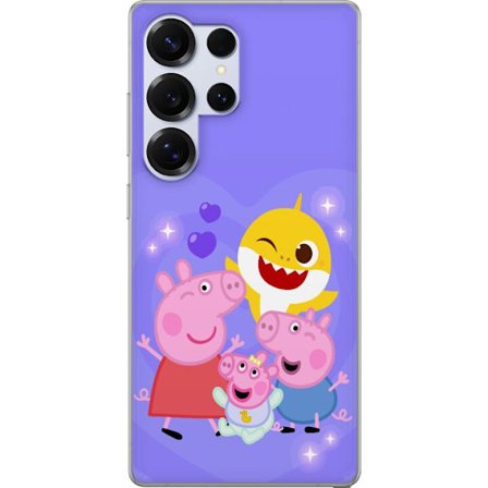 Kompatibel Mobilcover til Samsung Galaxy S25 Ultra Peppa Gris mønster med hjerter, sommerfugle og venner, lyserød baggrund i bløde børneillustrati