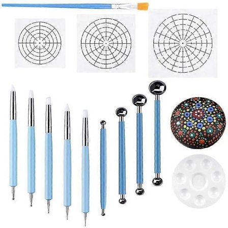 Set med 14 Mandala Dotting Schabloner Verktyg Stenmålning Kit Dotting Verktyg Inkluderar Mallar, Färg Tråg