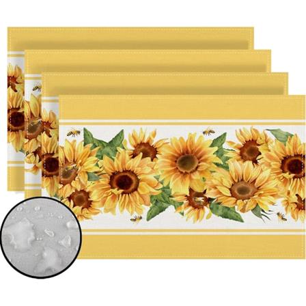 Linen Servietter med Vannfarge Solsikke, Sett med 4, Vårfarge, Bordmatter, Landlig Stil, Solsikkedekorasjoner og -utstyr for