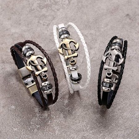 Handgjord äkta läderomslag armband för män - Metallankare Ho