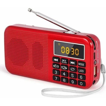 Bærbar radio, FM-radio med stort batteri (3000mAh), MP3 / SD / USB / AUX-støtte, rød