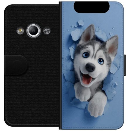 Yhteensopiva Lompakkokotelo Samsung Galaxy Xcover 3 Söpö husky pentu, jolla on suuret siniset silmät, jotka kurkistavat rikkinäisen seinän läpi