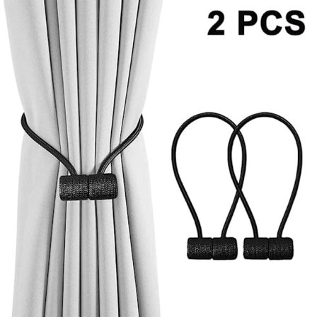 2 st Magnetiska Gardinomtag Gardinklämmor Rep, Svart