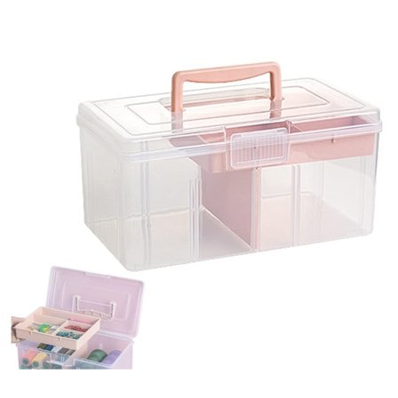 Multifunktionel Opbevaringsboks, Klar & Pink Plastik Organizer med Justerbare Rumdelere & Aftagelig Bakke, Stor Håndværks Sy- & Makeup C