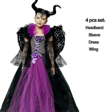 * Halloween Costume Maleficent Tutu Klänning För tjejer Cosplay Evil Queen Black Mesh Princess Dress Kids Crow Wand Maleficent
