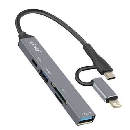 Hub USB-C och Lightning - LinQ - Svart - 1x USB-C - 2x USB - SD/TF-läsare