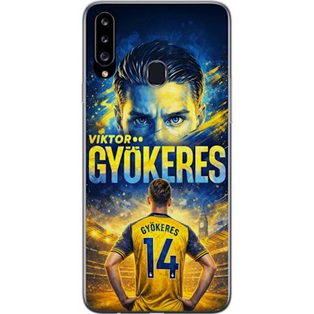 Kompatibelt Mobildeksel til Samsung Samsung Galaxy A20s Viktor Gyökeres fotballplakat i gult og blått med dramatisk stadionbakgrunn, sportillustrasj