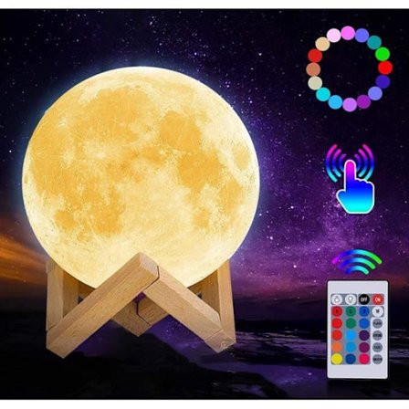 3D Månelampe Barne Nattlys, LED Sengelampe, 8CM 16 Farger Oppladbar Trådløs Berøringsfjernkontroll, Soveromskontor Dekorasjon
