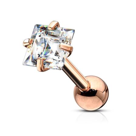 Tragus/Cartilage Piercing i IP-316L stål 4 mm, Fyrkantigt CZ 3 Röd guld