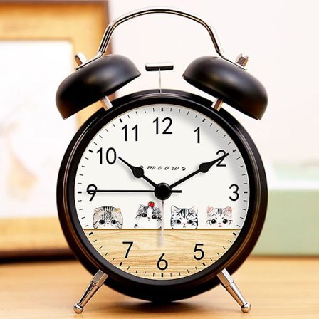 Vækkeur med sort kattemønster, lydløst rejsevækkeur, dobbelt rundt metalvækkeur, høj sandalur i kvarts til sengebord soveværelse