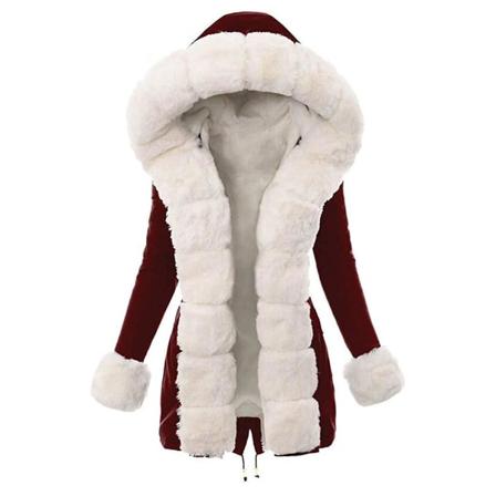 Vit plyschkappa för kvinnor, vinterkappa i bomull med huva, varm ytterkläder M Red