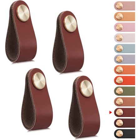 4 stk. Lærhåndtak til møbler, skapdørknott i lær, skuffeknott, vintage møbelhåndtak til skap, kommode, kjøkken - brunt, enkelt hull