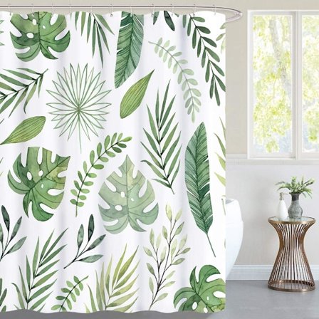 Mögelresistent duschdraperi, gröna blad tropiska växter duschdraperi polyestertyg för badrum med 12 krokar vattentät, 180 x 200 cm