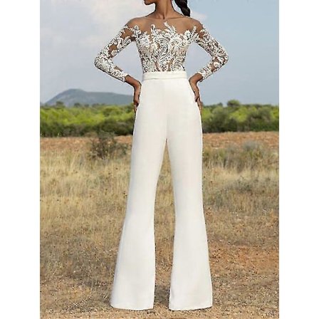 Dame Jumpsuit Brodert Ensfarget Rund Hals Casual Hverdagslig Normal Passform Langermet Hvit_Kvalitetsgave