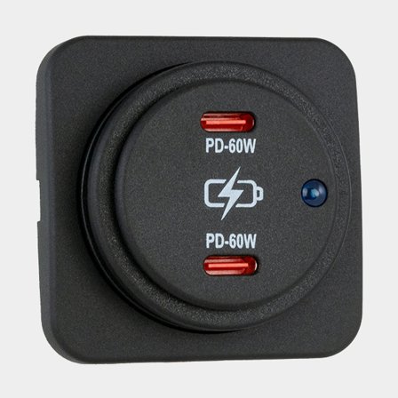 USB outlet Sutars, surface-mounted, black, square, 12 V / 24 V, 60 W, 2.1 A, USB-C + USB-C, with cover