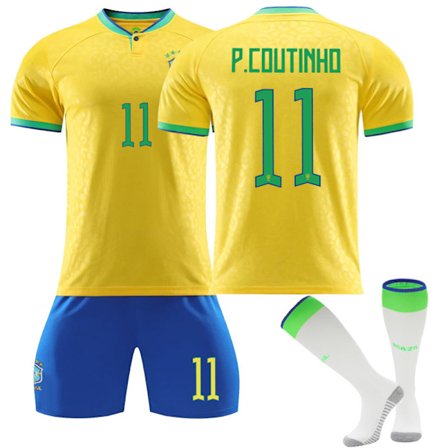 Qatar fotbolls-VM 2022 Brasilien Hem Philippe Coutinho #11 Tröja Samba Fotboll T-shirts för herr Set Barn Ungdomar