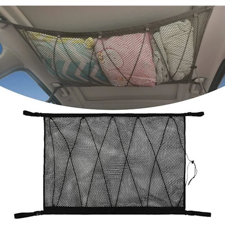 Opbevaringsnet til bil, Universal tagtaske til bil med lynlås, Sort organizer bagagenet til bil SUV loft (net med snøre)