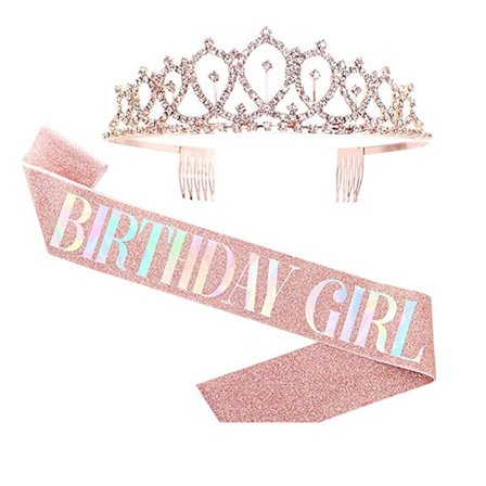 1Set Bling Rhinestone Crown Tiara Sash Födelsedag Anniversary Par Rose Gold BIRTHDAY QUEEN