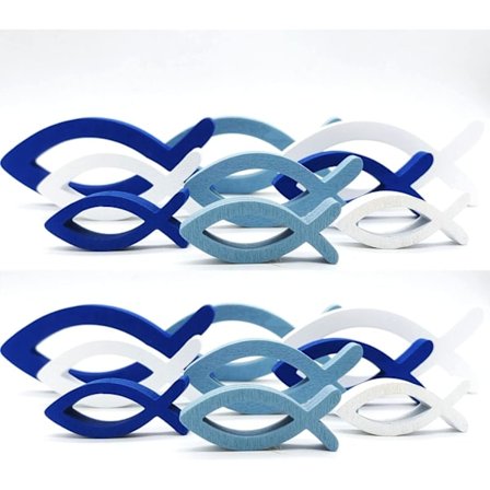 Sæt med 18 Træfisk - Dåbsdekoration - Store Fisk i Hvid og Blå - til Dåb, Kommunion og Konfirmation (blå max)