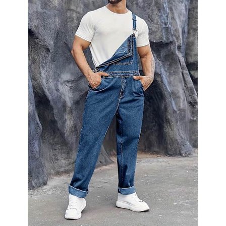 New Men's Casual Denim Slim Fit Boot Cut Dungaree Jeans with Adjustable Straps