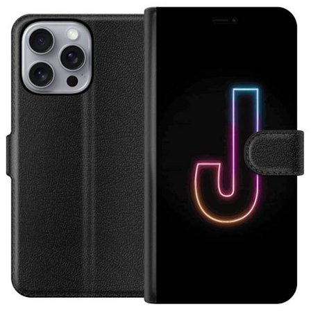 Yhteensopiva Lompakkokotelo Apple Apple iPhone 16 Pro Max Minimaalinen neonkirjain J värien vaihtuessa valossa mustaa taustaa vasten